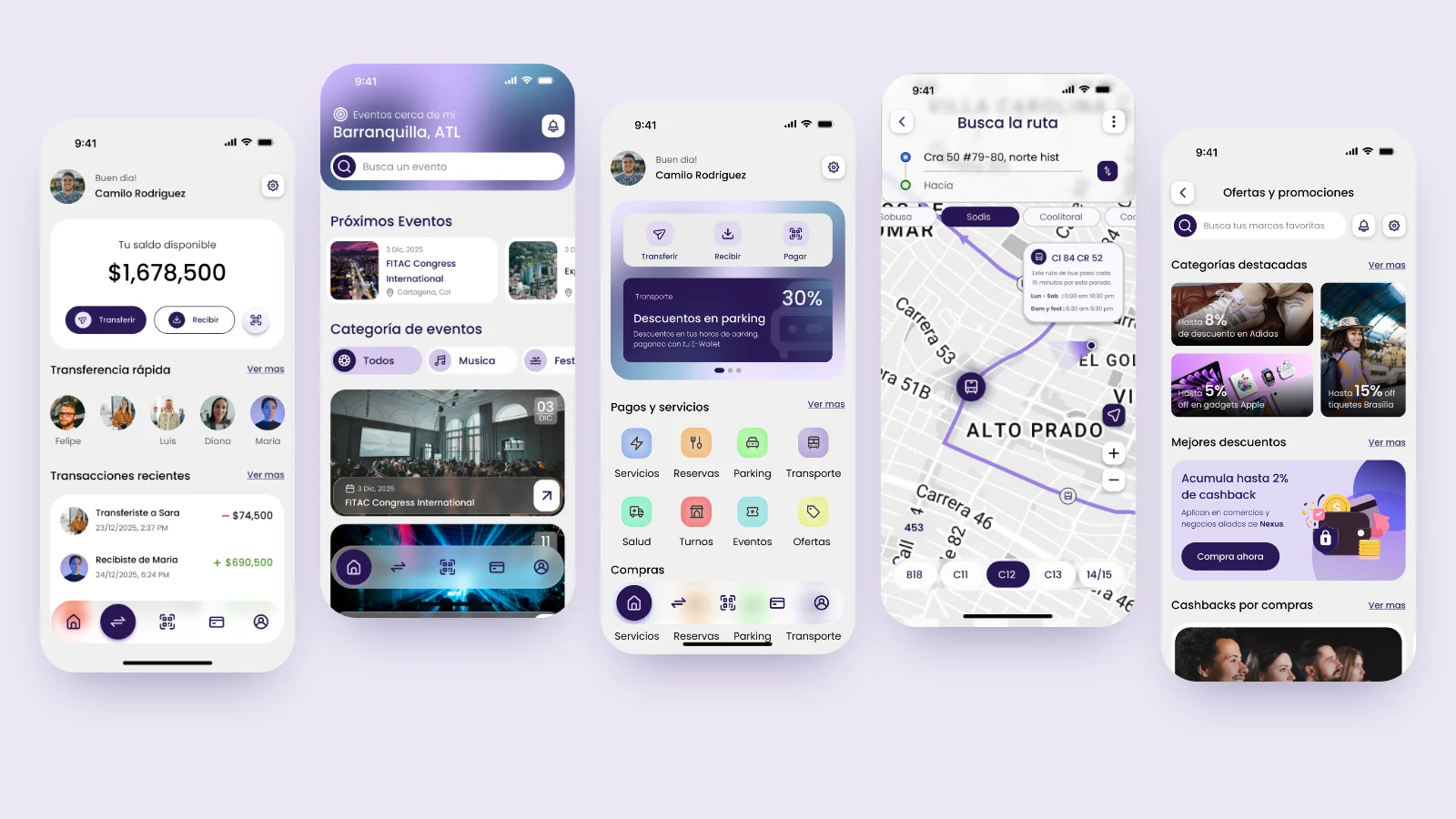 Nexucity: billetera, eventos, inicio, rutas y ofertas